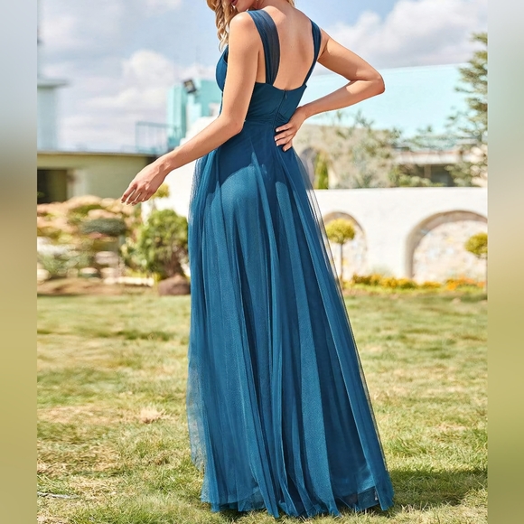 Ever Pretty Floor Length V Neck Tulle Dress In Teal  Size 0XL NWT MSRP $79.99 - Picture 2 of 11